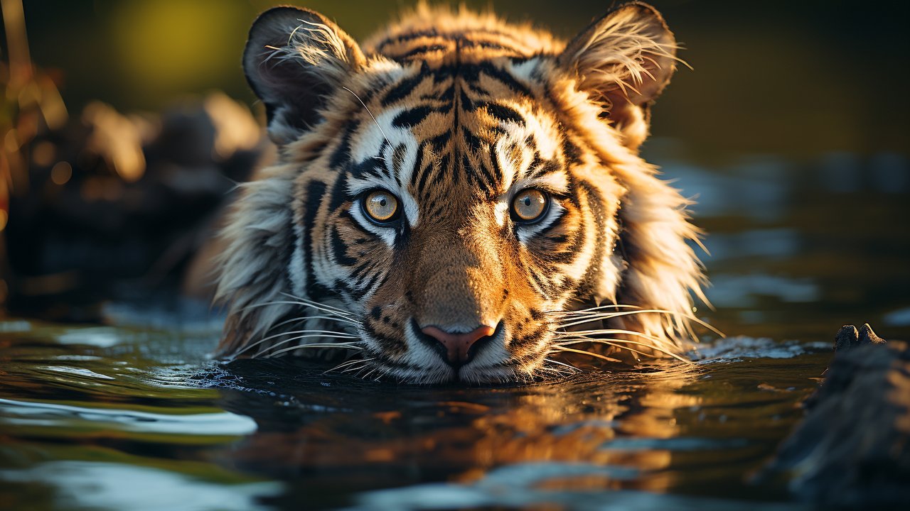 The tiger hunts from the water - HDV 720p wallpapers in 1280x720 resolution