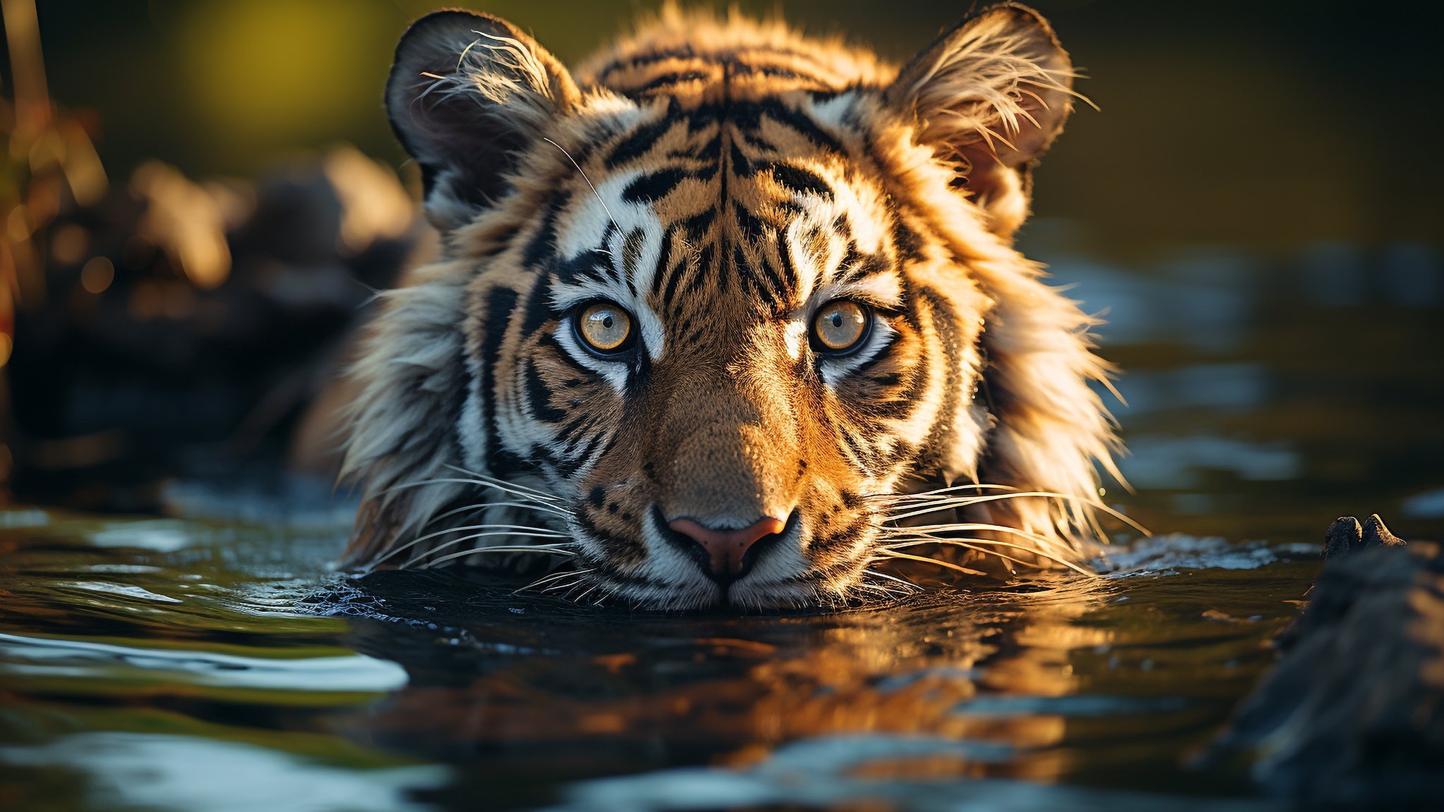 The tiger hunts from the water - QWXGA wallpapers in 2048x1152 resolution