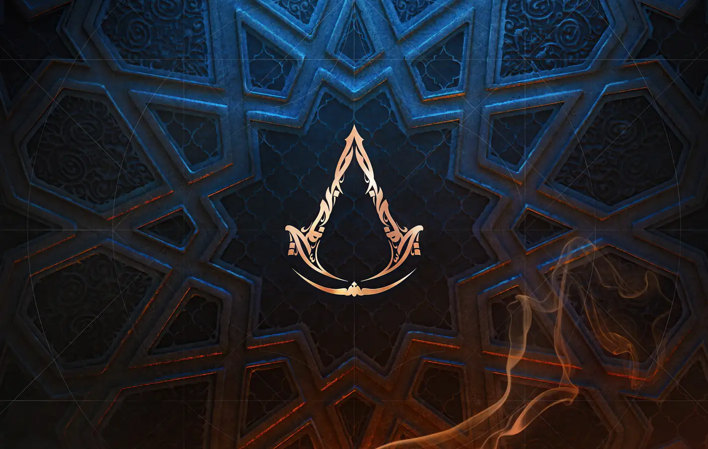Assassins Creed Mirage logo on dark geometric background — desktop and phone wallpaper, free download