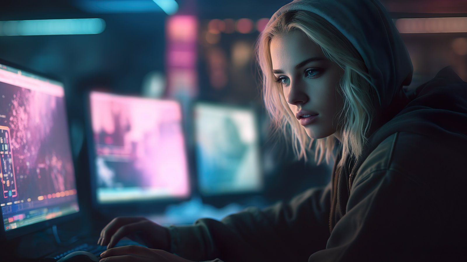 Девушка программист в худи - wXGA++ обои в разрешении 1600x900