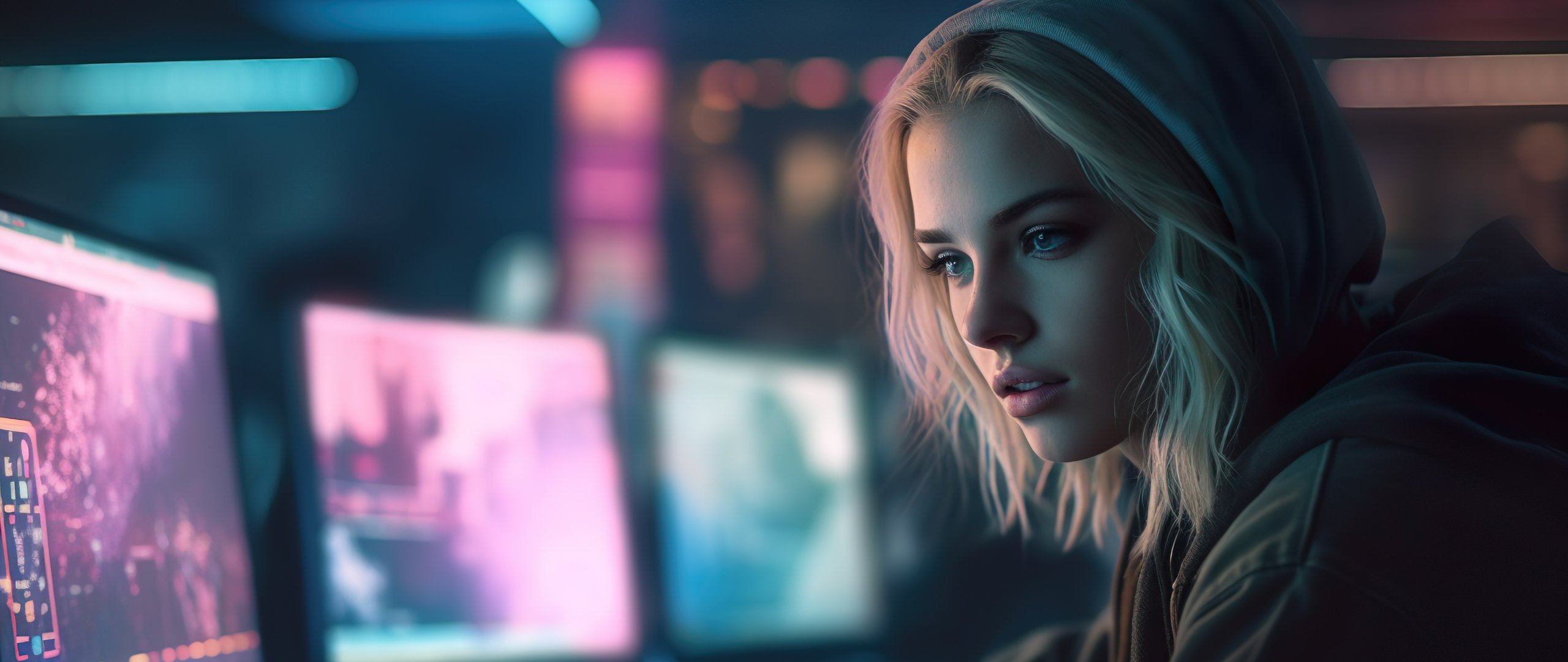 Девушка программист в худи - UltraWide 21:9 обои в разрешении 2560x1080