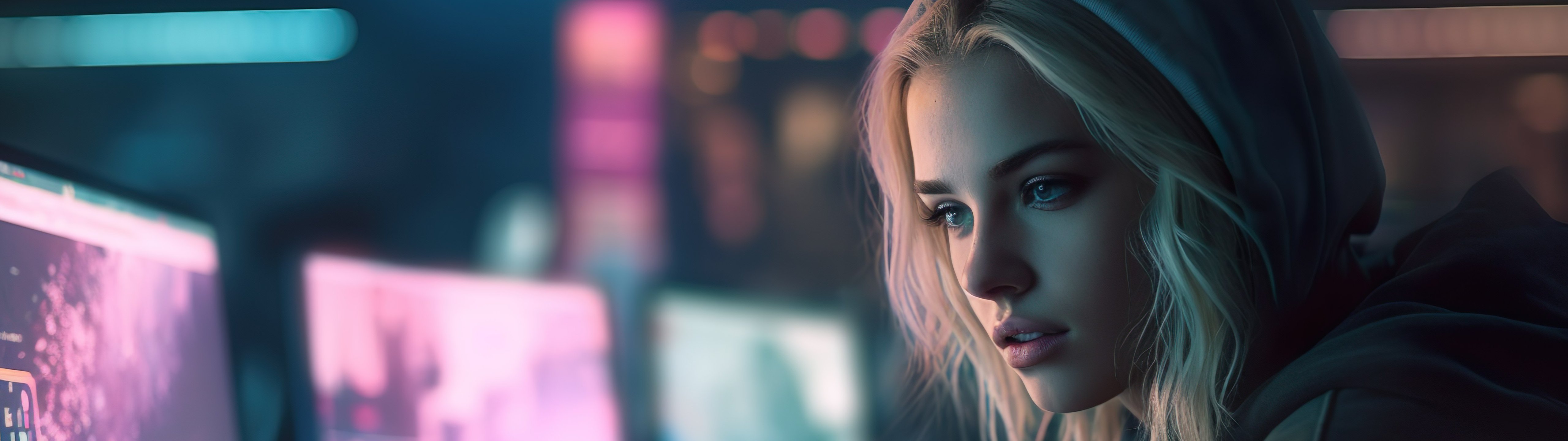 Девушка программист в худи - UltraWide 32:9 обои в разрешении 5120x1440