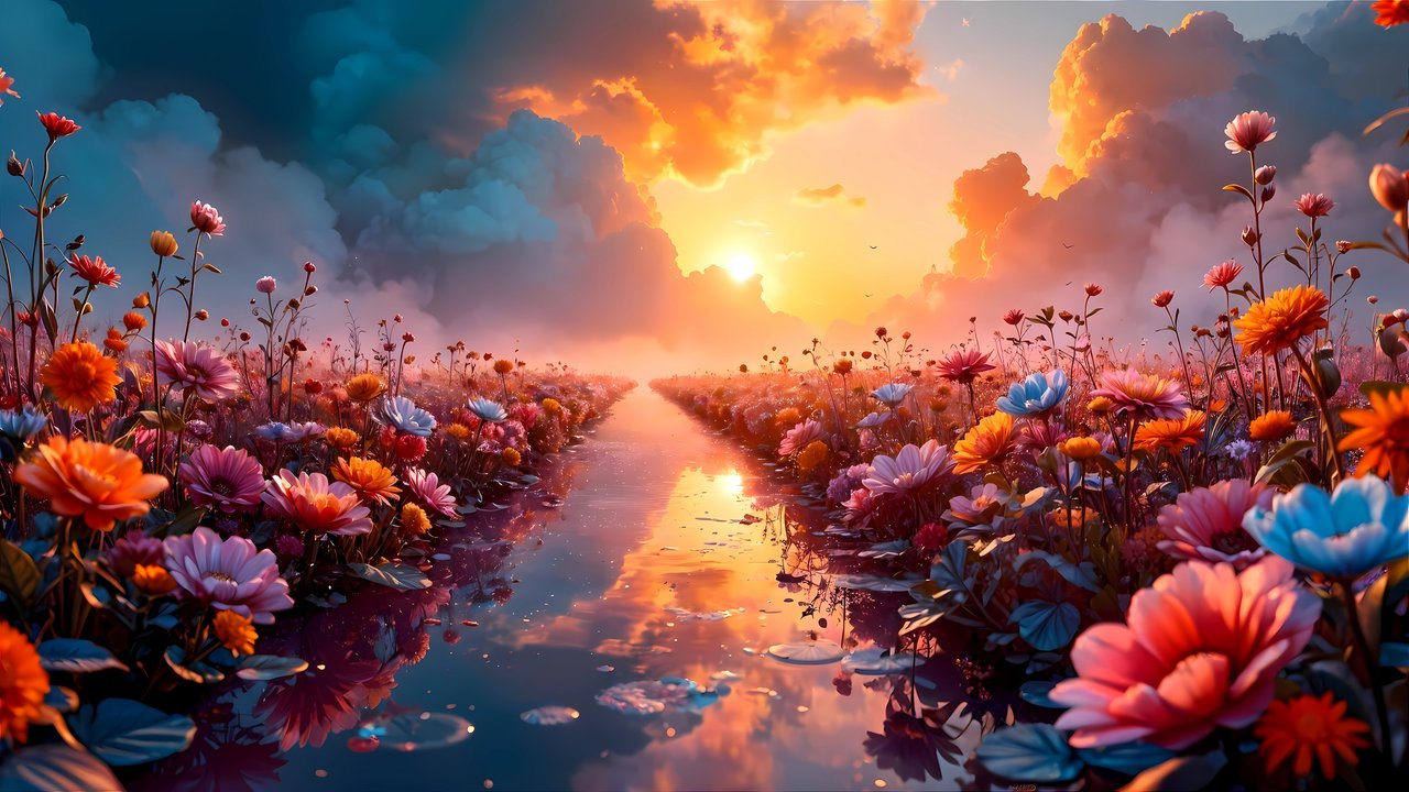 Sunset over blooming flower field - HDV 720p wallpapers in 1280x720 resolution