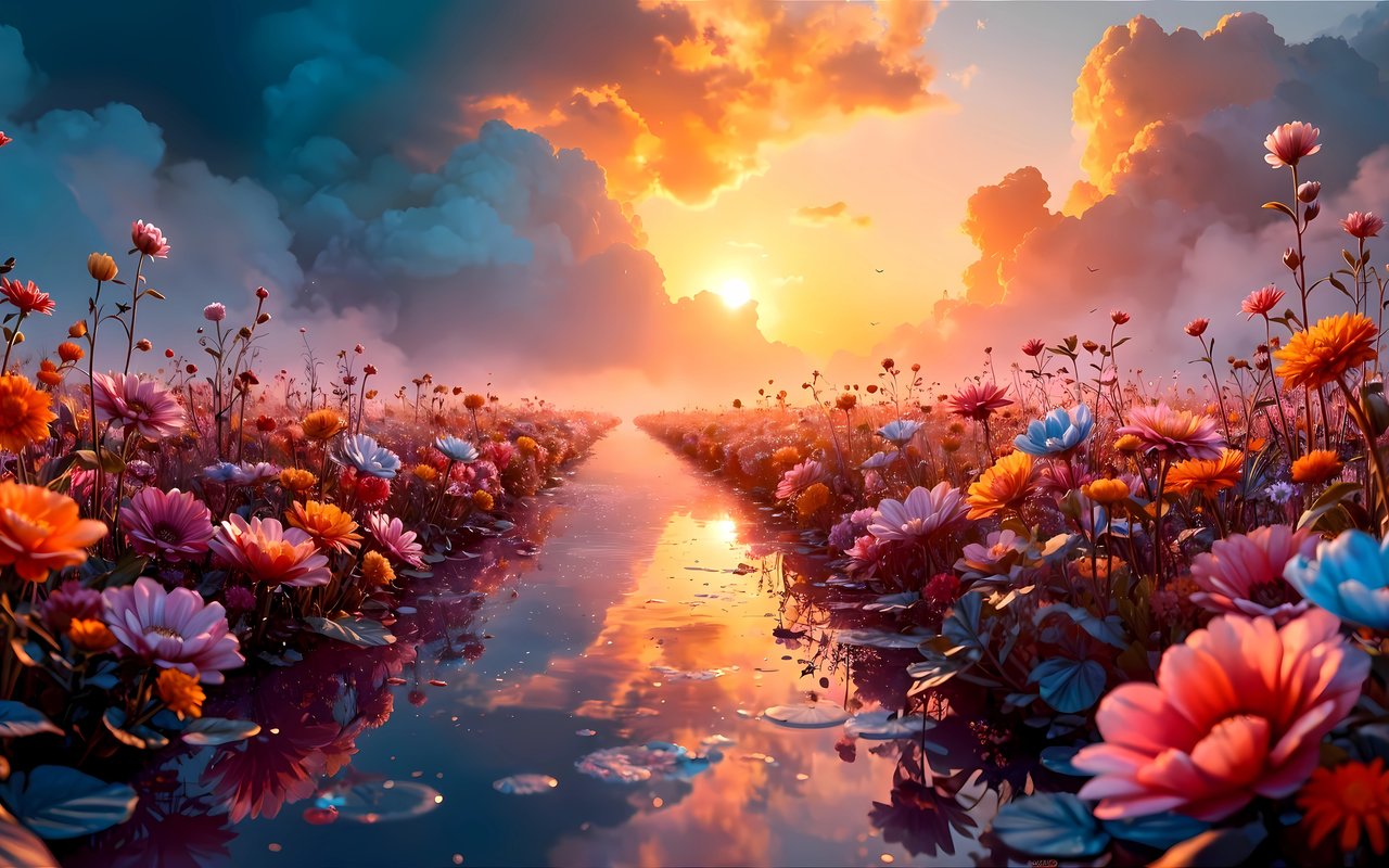 Sunset over blooming flower field - WXGA_1280 wallpapers in 1280x800 resolution
