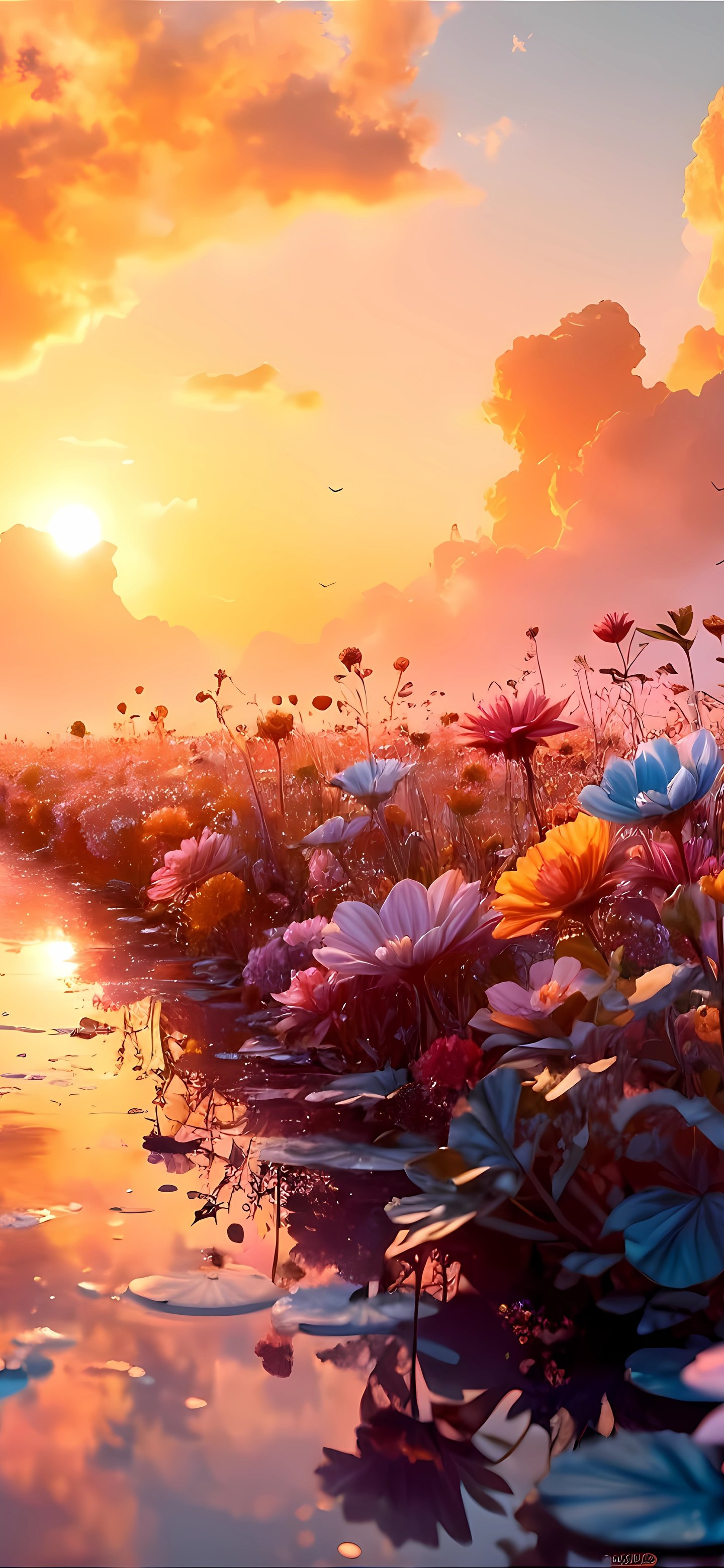 Sunset over blooming flower field - Wallpapers for Samsung Galaxy S24/S24 Ultra/S25 Ultra/S25+/S26 Ultra in 1440x3120 resolution