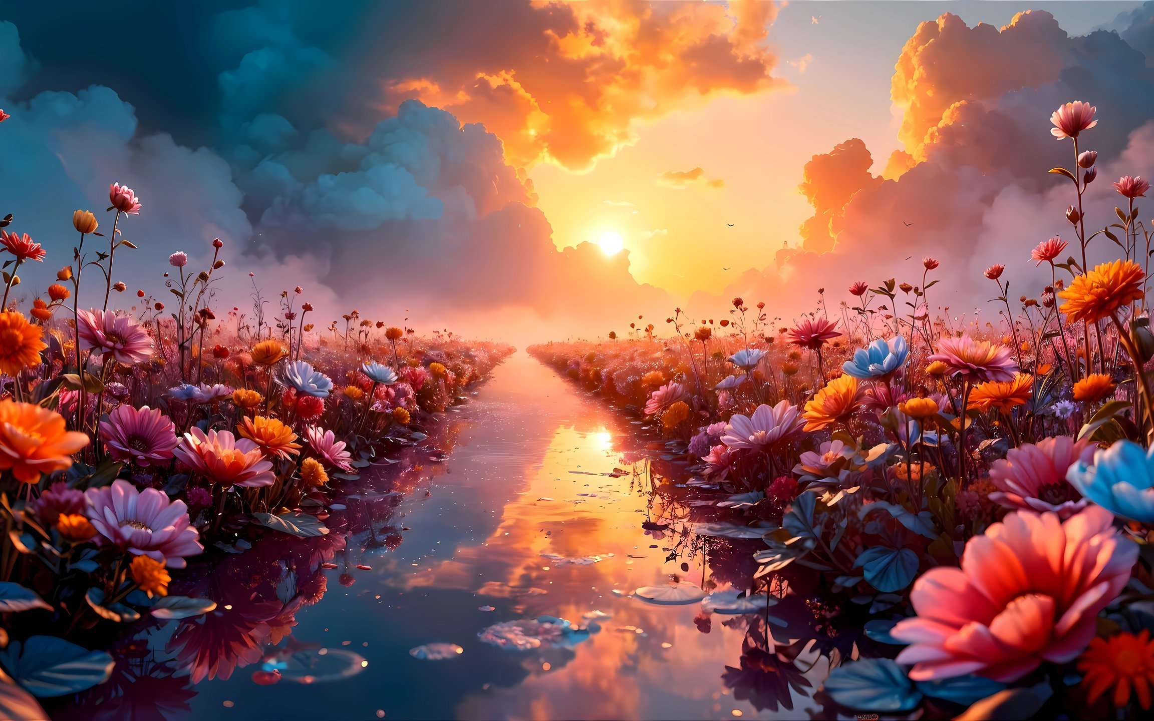 Sunset over blooming flower field - Wallpapers for Apple MacBook 12″ in 2304x1440 resolution