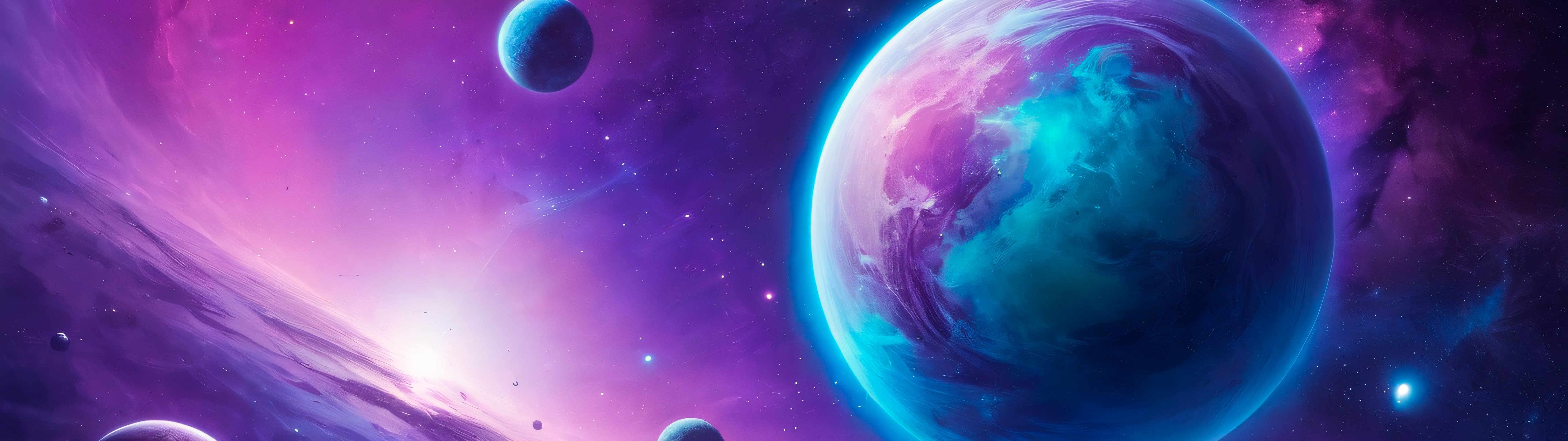 Blue planet in purple space - UltraWide 32:9 wallpapers in 5120x1440 resolution