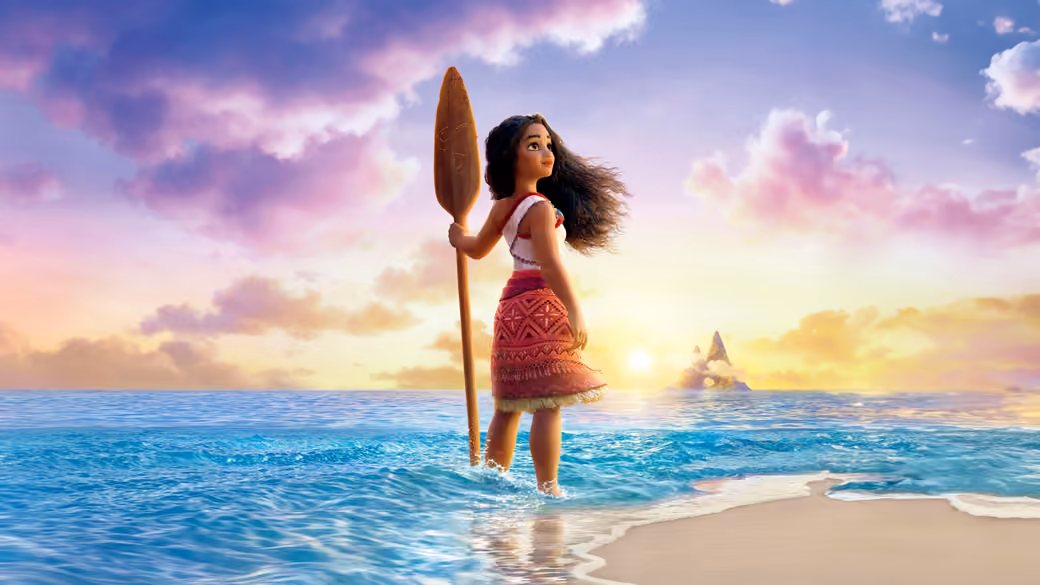 Moana on ocean shore — desktop and phone wallpaper, free download