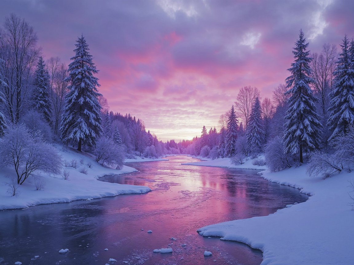 Winter river with pink sunset sky - XGA+ wallpapers in 1152x864 resolution