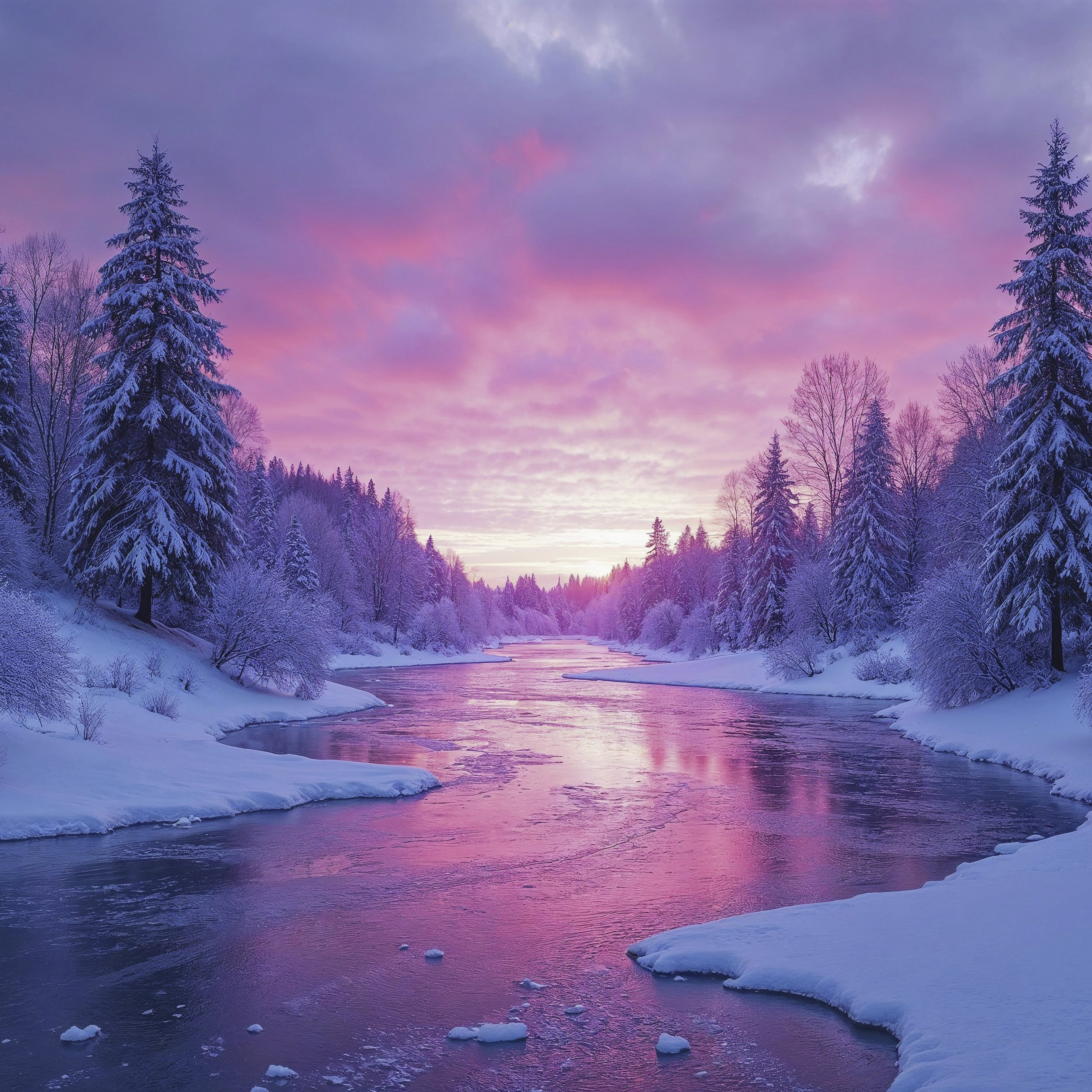 Winter river with pink sunset sky - Wallpapers for iPad Pro 13″ in 2752x2752 resolution