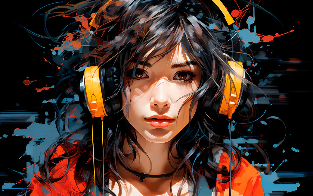 Young woman wearing headphones — desktop and phone wallpaper, free download