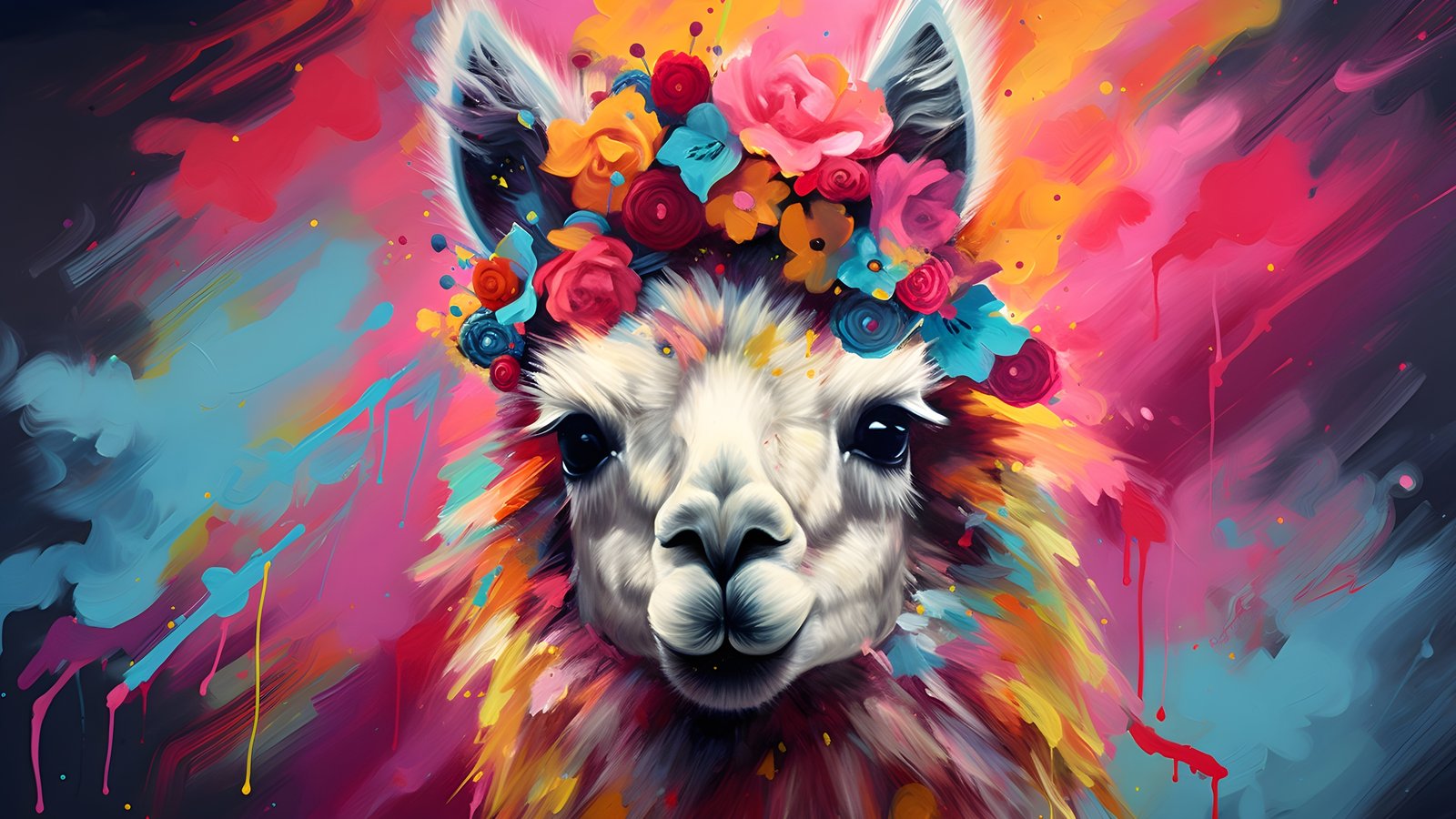 Llama with a floral crown - wXGA++ wallpapers in 1600x900 resolution