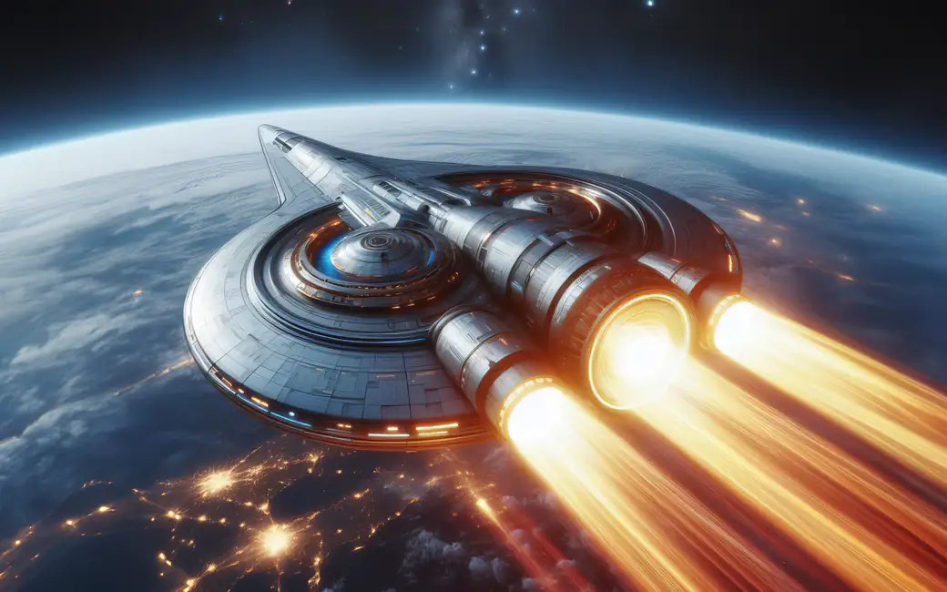 Spaceship above Earth with engine flames — desktop and phone wallpaper, free download