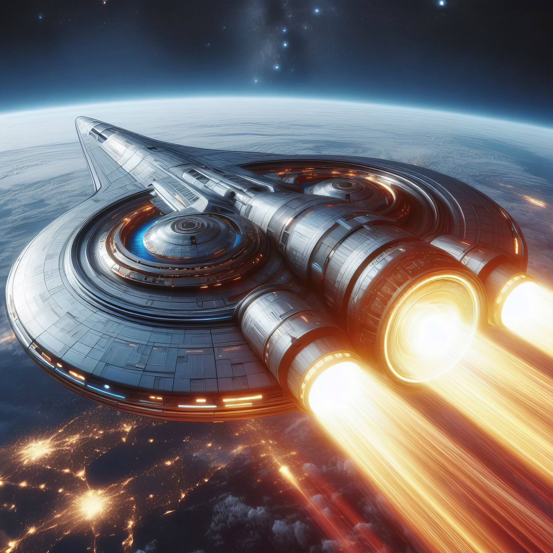 Spaceship above Earth with engine flames - Wallpapers for Samsung Galaxy Tab in 1920x1920 resolution