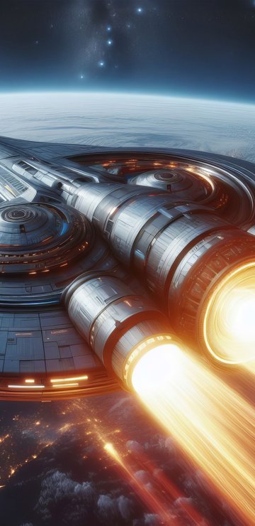 Spaceship above Earth with engine flames - Wallpapers for Samsung in 360x740 resolution