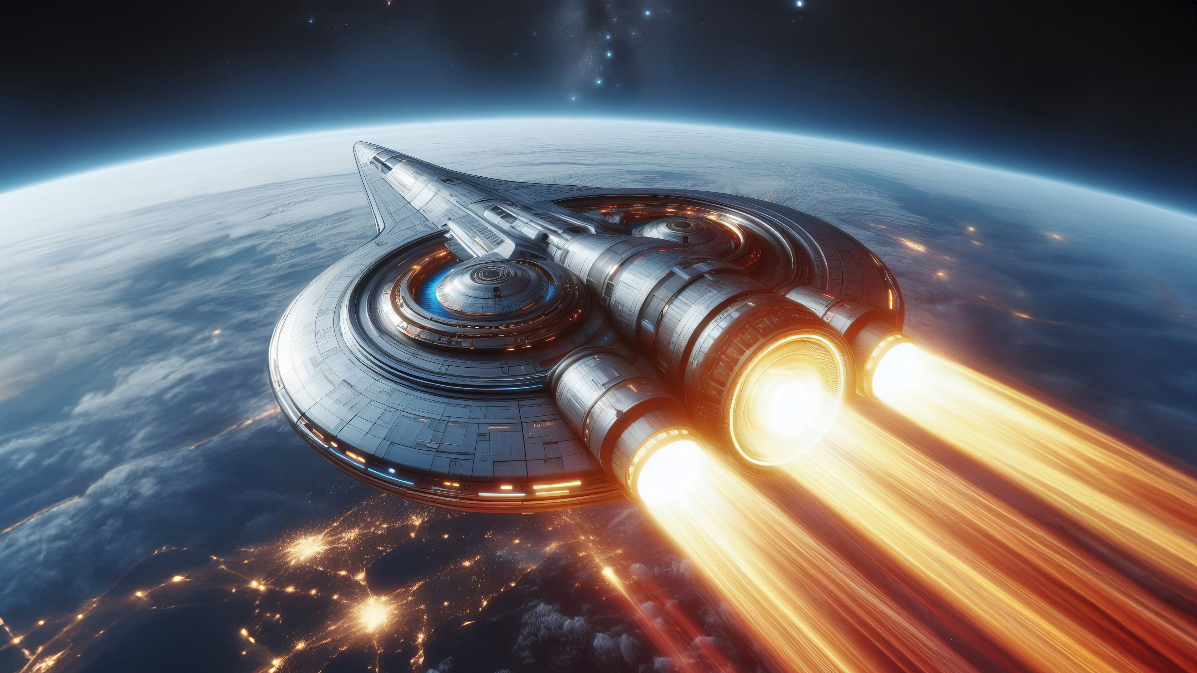 Spaceship above Earth with engine flames - 4K PC Wallpapers in 3840x2160 resolution