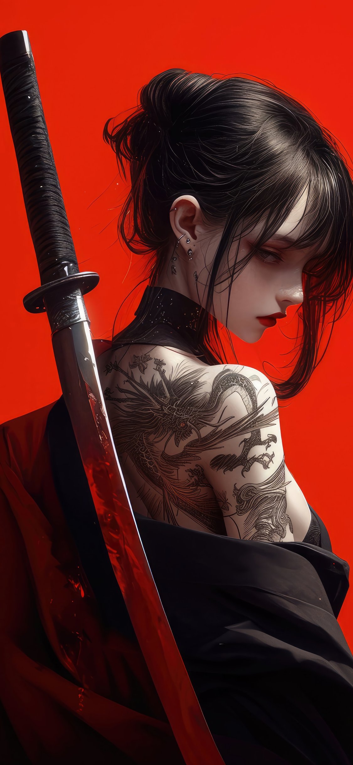 Anime girl with sword and dragon tattoo - Wallpapers for iPhone X/XS/11 Pro in 1125x2436 resolution