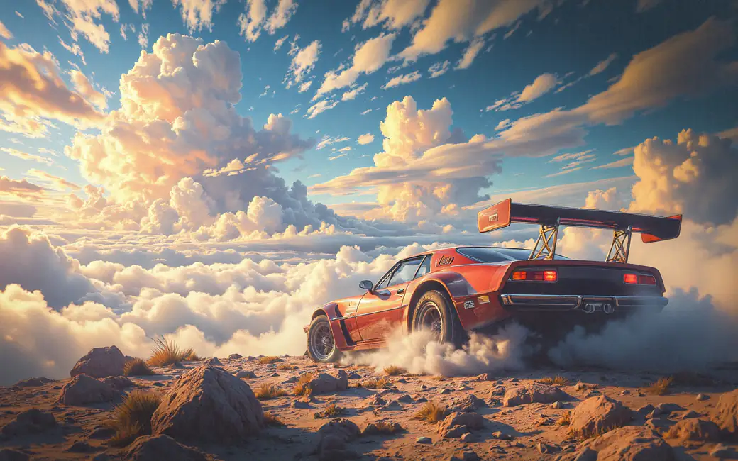 Red sports car on rocky cliff — desktop and phone wallpaper, free download