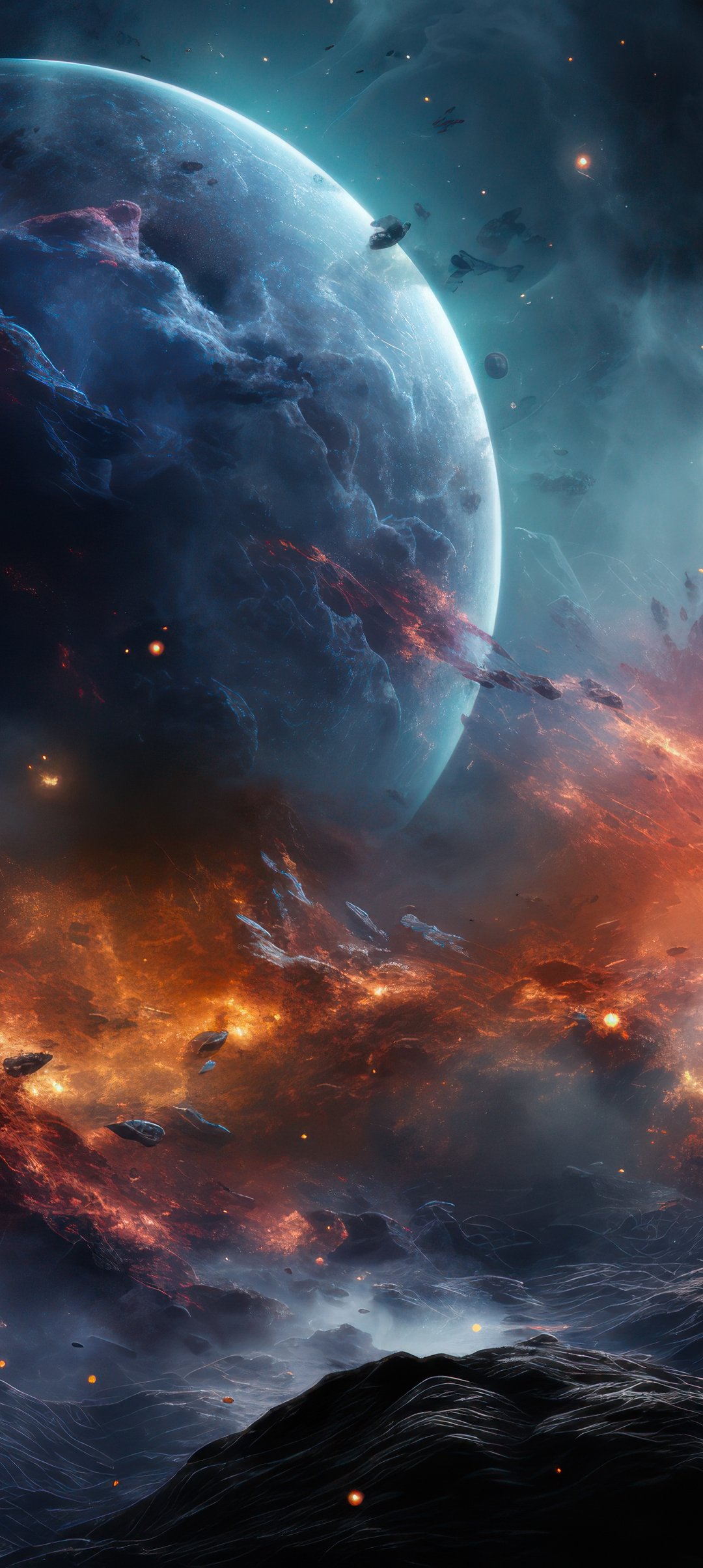 Cosmic explosion near the planet - Wallpapers for Samsung Galaxy A13/A14/A53, Realme 12 Pro 5G, POCO M5 in 1080x2408 resolution