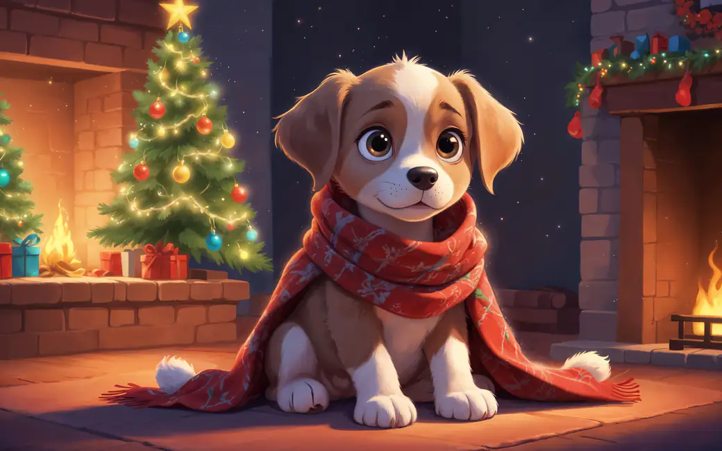 Christmas Puppy by Fireplace and Tree — desktop and phone wallpaper, free download