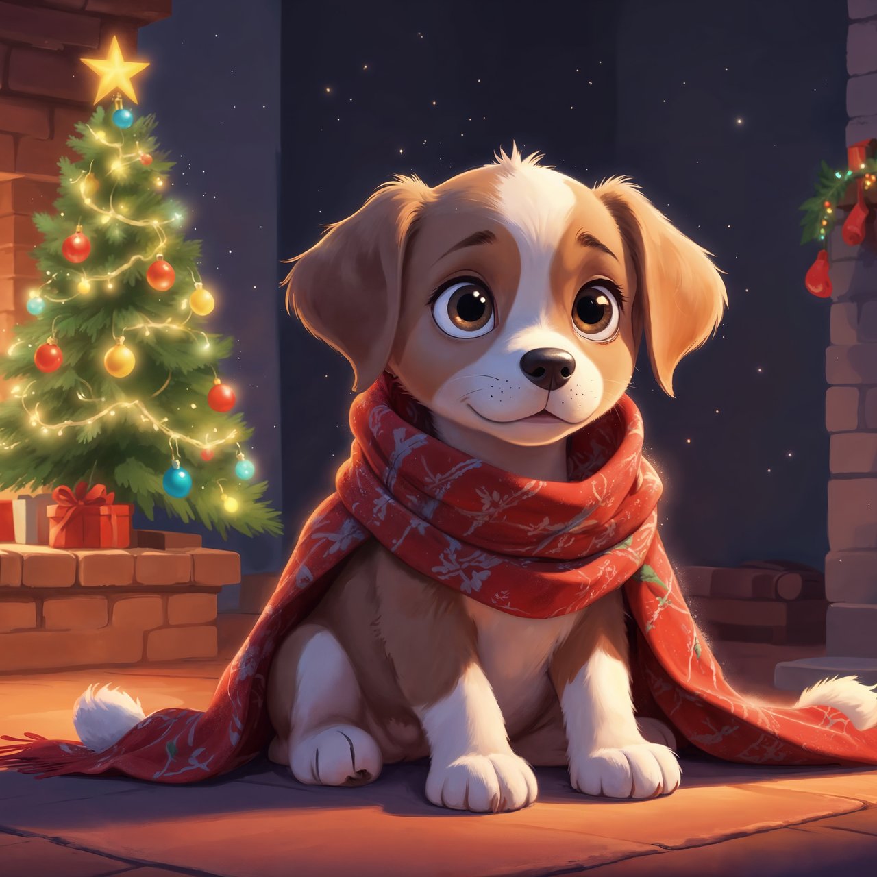 Christmas Puppy by Fireplace and Tree - Wallpapers for Lenovo, Huawei in 1280x1280 resolution