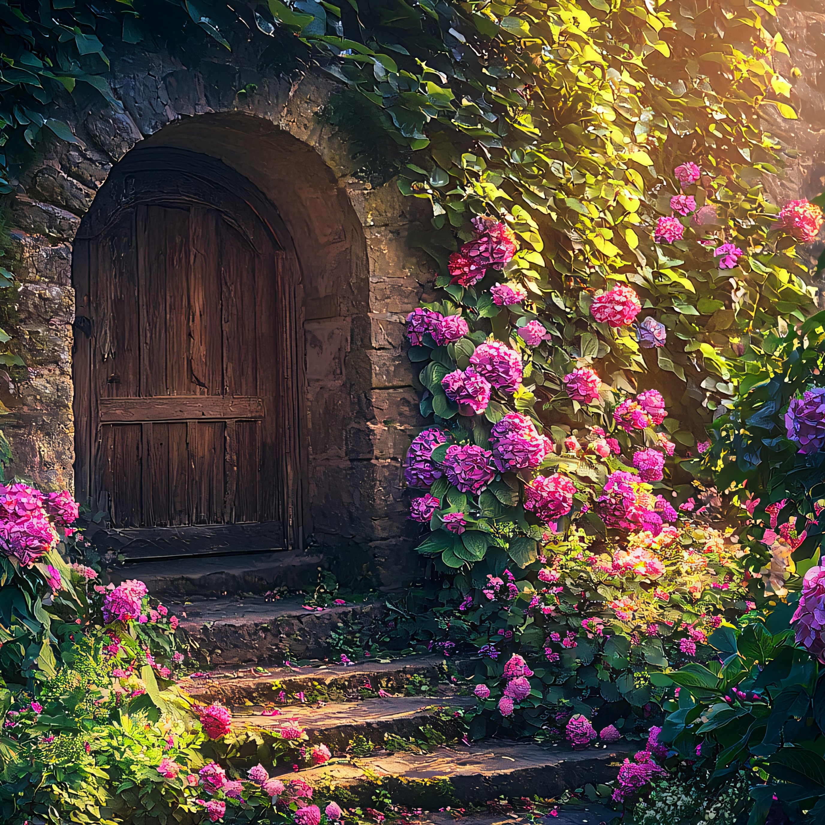 An ancient castle with hydrangeas - Wallpapers for iPad Pro 13″ in 2752x2752 resolution
