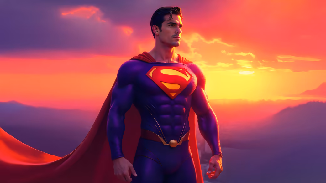 Superman standing at sunset with red cape — desktop and phone wallpaper, free download