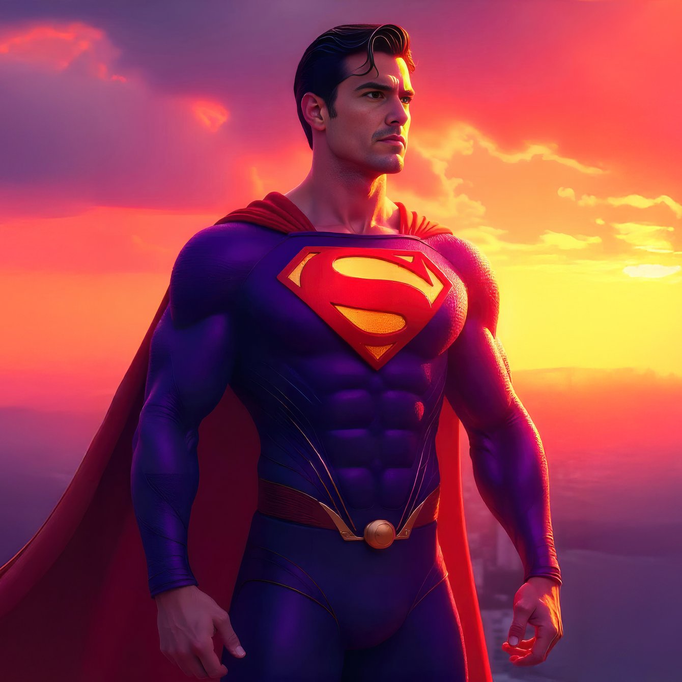Superman standing at sunset with red cape - Wallpapers for Samsung Galaxy Tab in 1340x1340 resolution