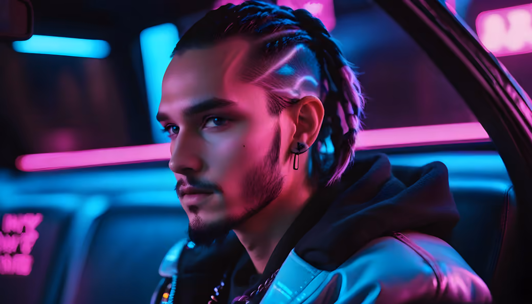 Cyberpunk man with neon lighting — desktop and phone wallpaper, free download