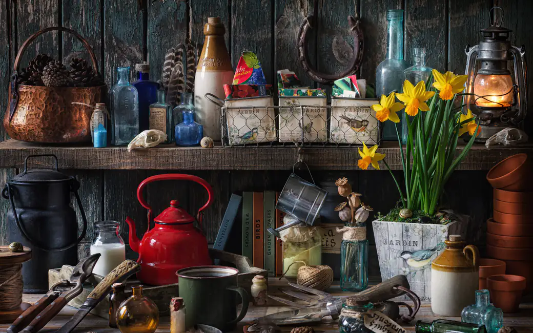 Vintage garden tools and rustic decor — desktop and phone wallpaper, free download