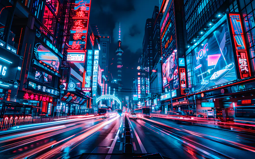 Neon-lit street in city at night — desktop and phone wallpaper, free download