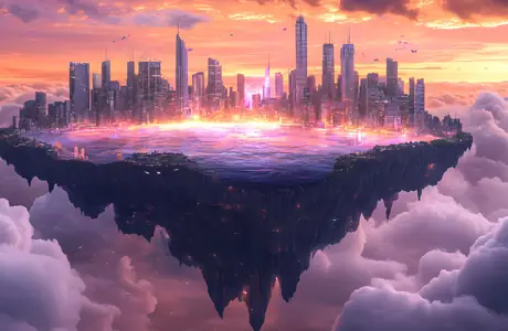 Wallpapers for Samsung Galaxy Tab (1340x1340): skyscrapers, imagination, island, sunset