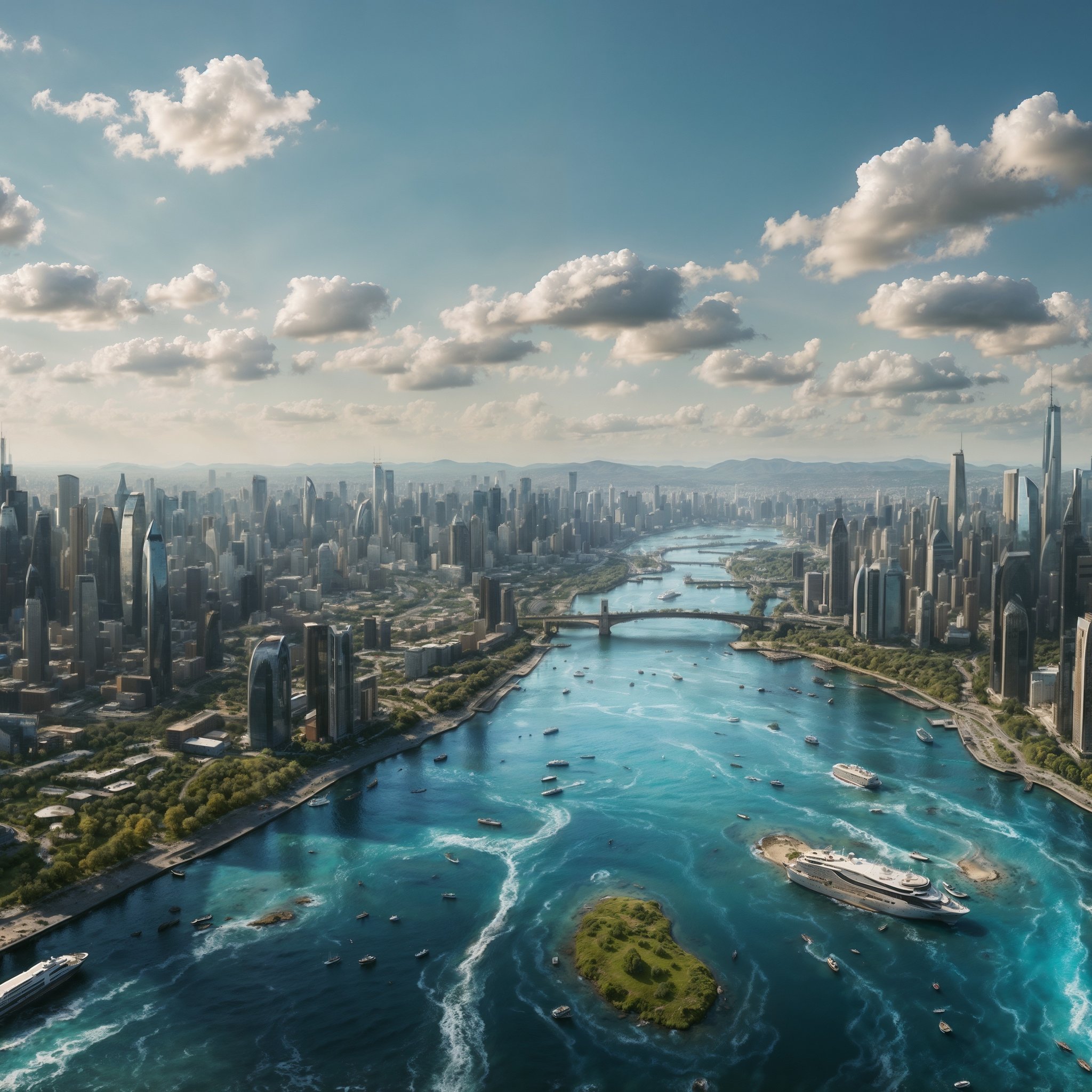 Futuristic city skyline with river - Wallpapers for iPad Retina in 2048x2048 resolution
