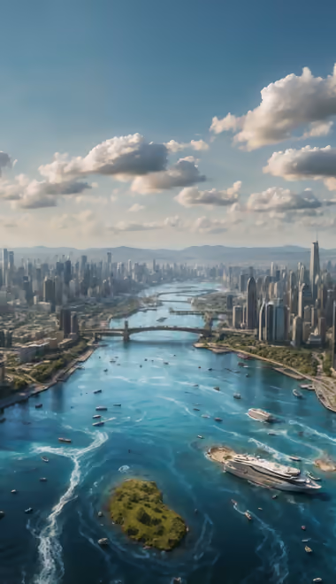 Cities wallpapers: downtown, river, skyscrapers, urbanization