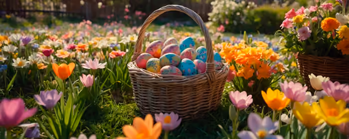 UltraWide 21:9 wallpapers (2560x1080): easter egg, basket, spring, flowers
