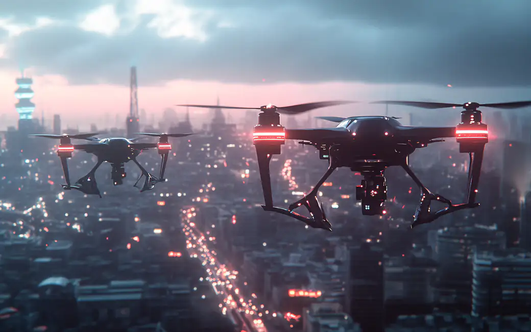 Drones flying over cityscape — desktop and phone wallpaper, free download