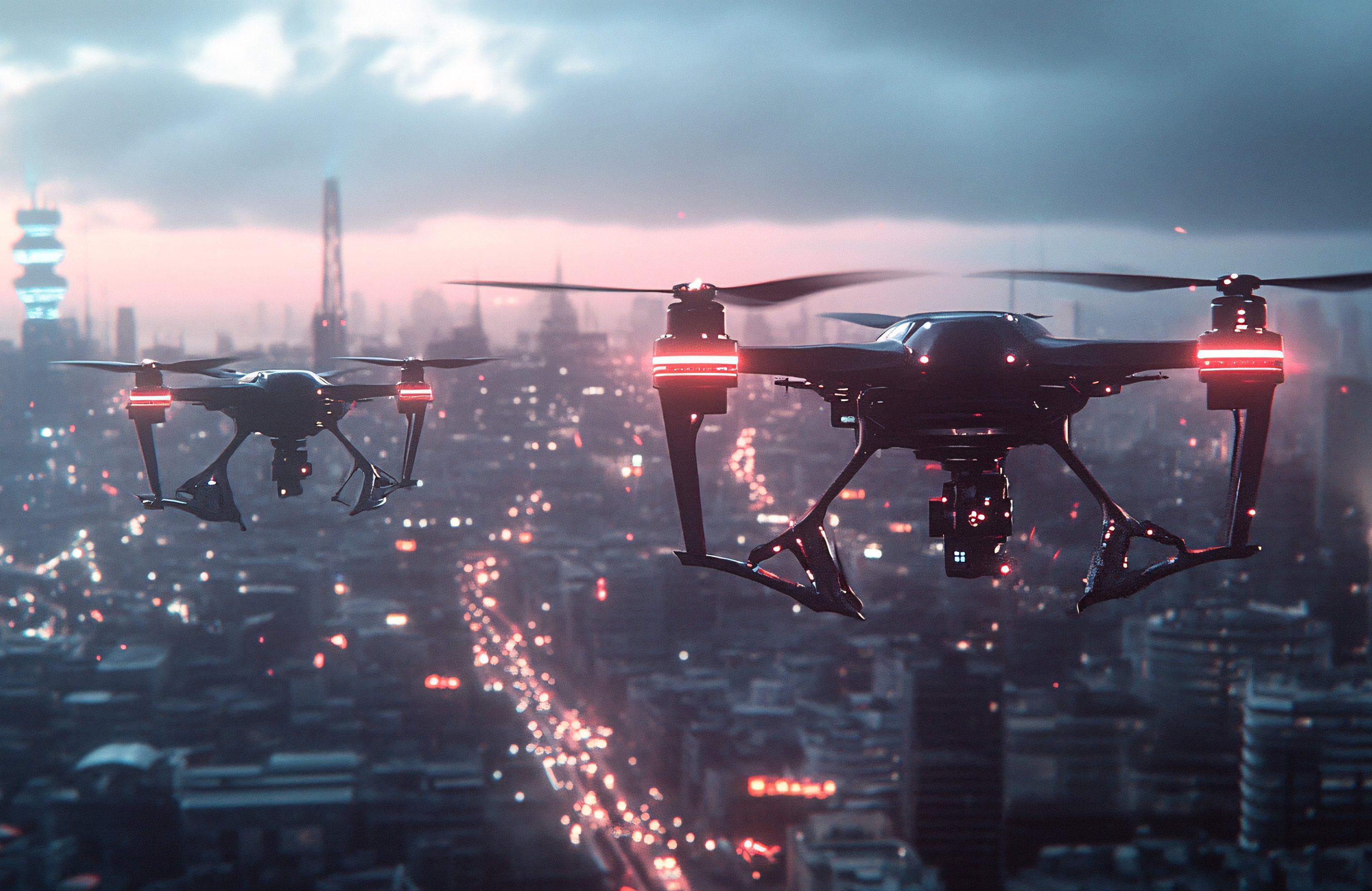 Drones flying over cityscape - Wallpapers for Apple MacBook 14.2″ in 3024x1964 resolution
