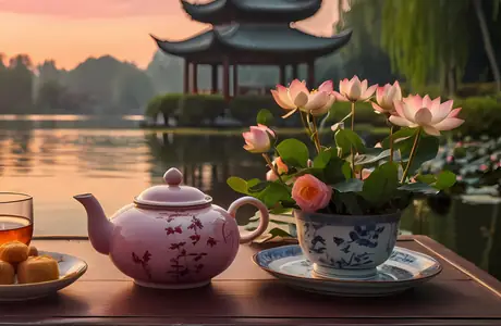 lotus Wallpapers for Apple iPad 1 (1024x1024): tea, kettle, flowers, sunset