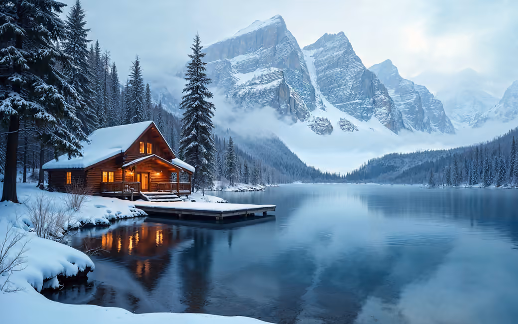 Cabin by snowy mountain lake — desktop and phone wallpaper, free download