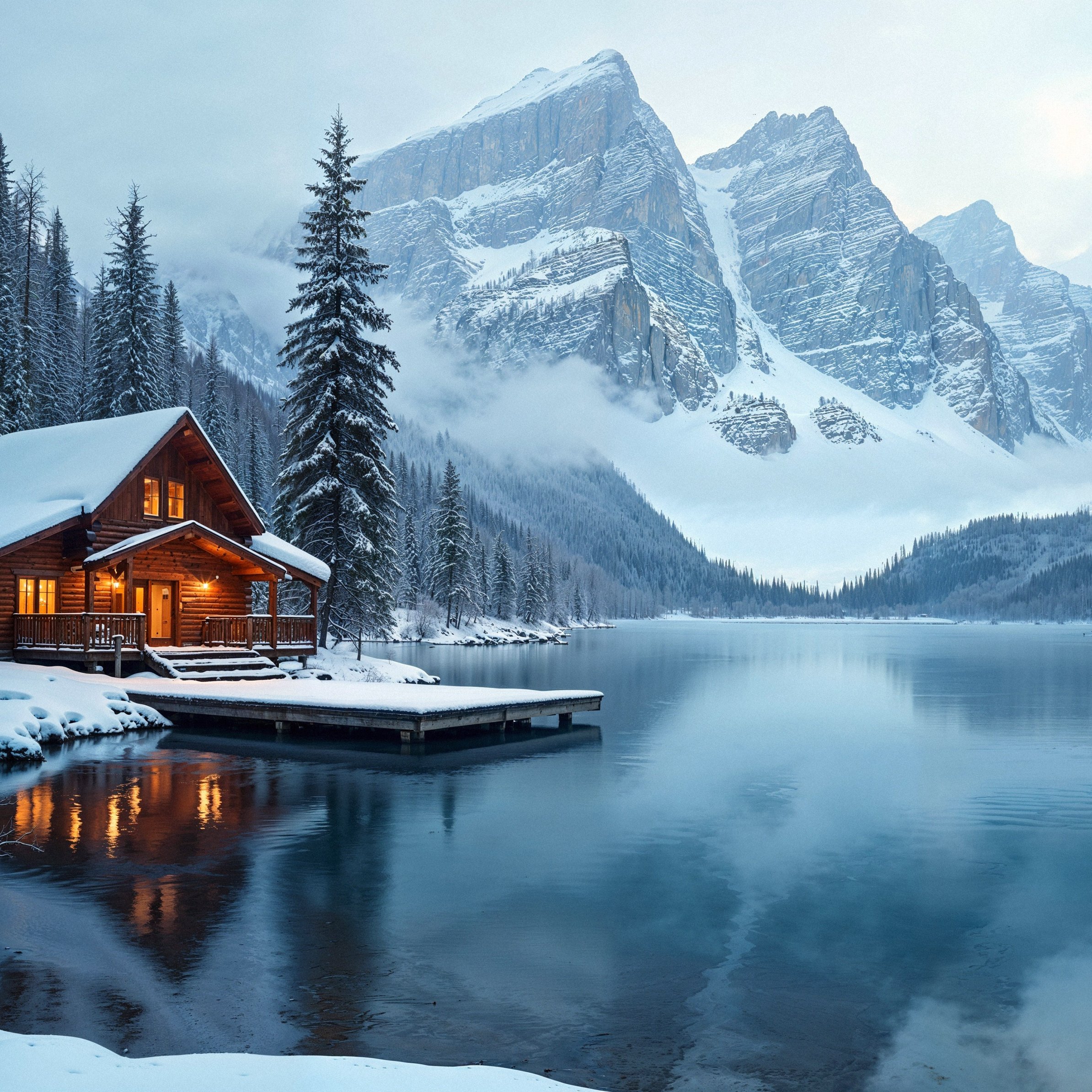 Cabin by snowy mountain lake - Wallpapers for iPad Pro 11″ in 2388x2388 resolution