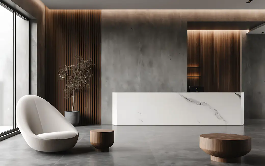 Minimalist hotel lobby with seating — desktop and phone wallpaper, free download
