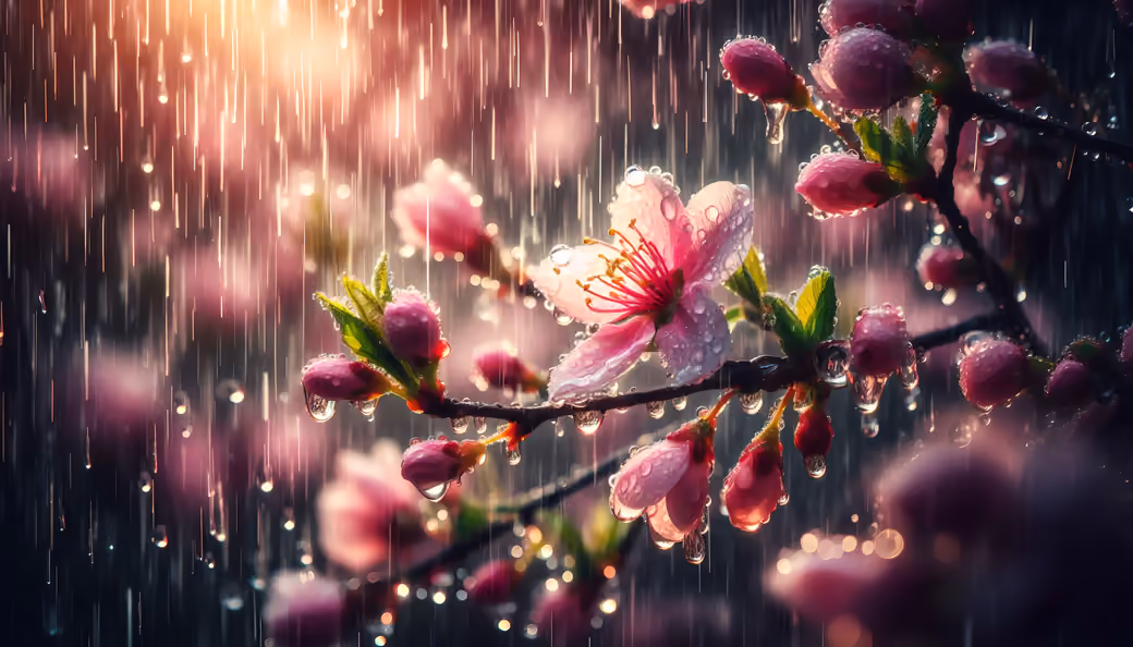 Cherry blossom branch in rain — desktop and phone wallpaper, free download