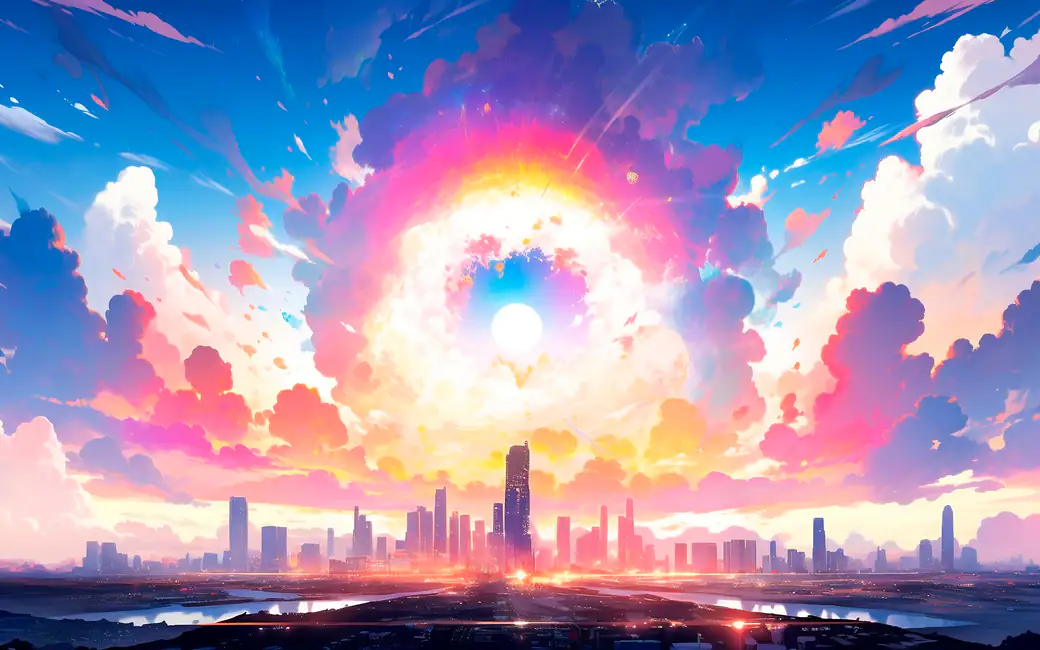 Colorful sunset over the city — desktop and phone wallpaper, free download