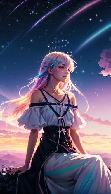 Wallpapers for Xiaomi Redmi 10C/C40/C51, Samsung Galaxy A12/A02s/A03/M12 (720x1600): girl, pink hair, dress, sunset