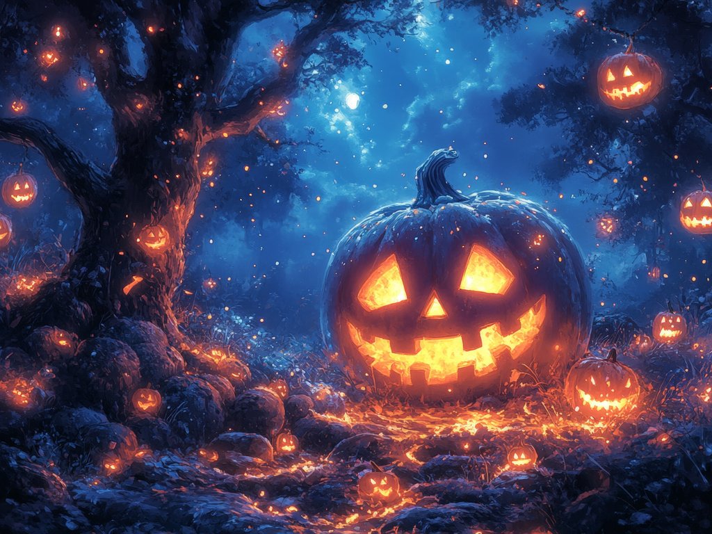 Glowing Halloween pumpkins in dark forest - XVGA wallpapers in 1024x768 resolution