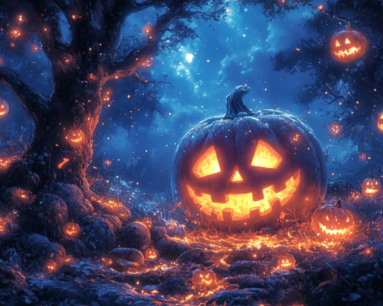 Glowing Halloween pumpkins in dark forest - SXGA wallpapers in 1280x1024 resolution