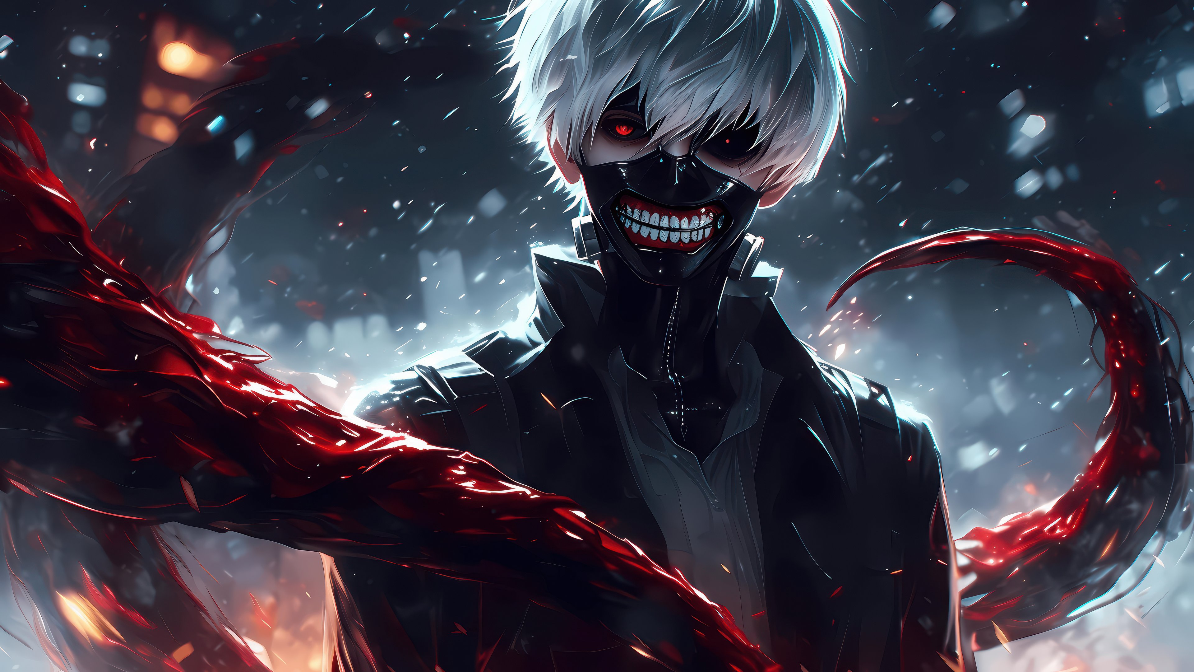 Ken Kaneki with red kagune tentacles attack - 4K PC Wallpapers in 3840x2160 resolution
