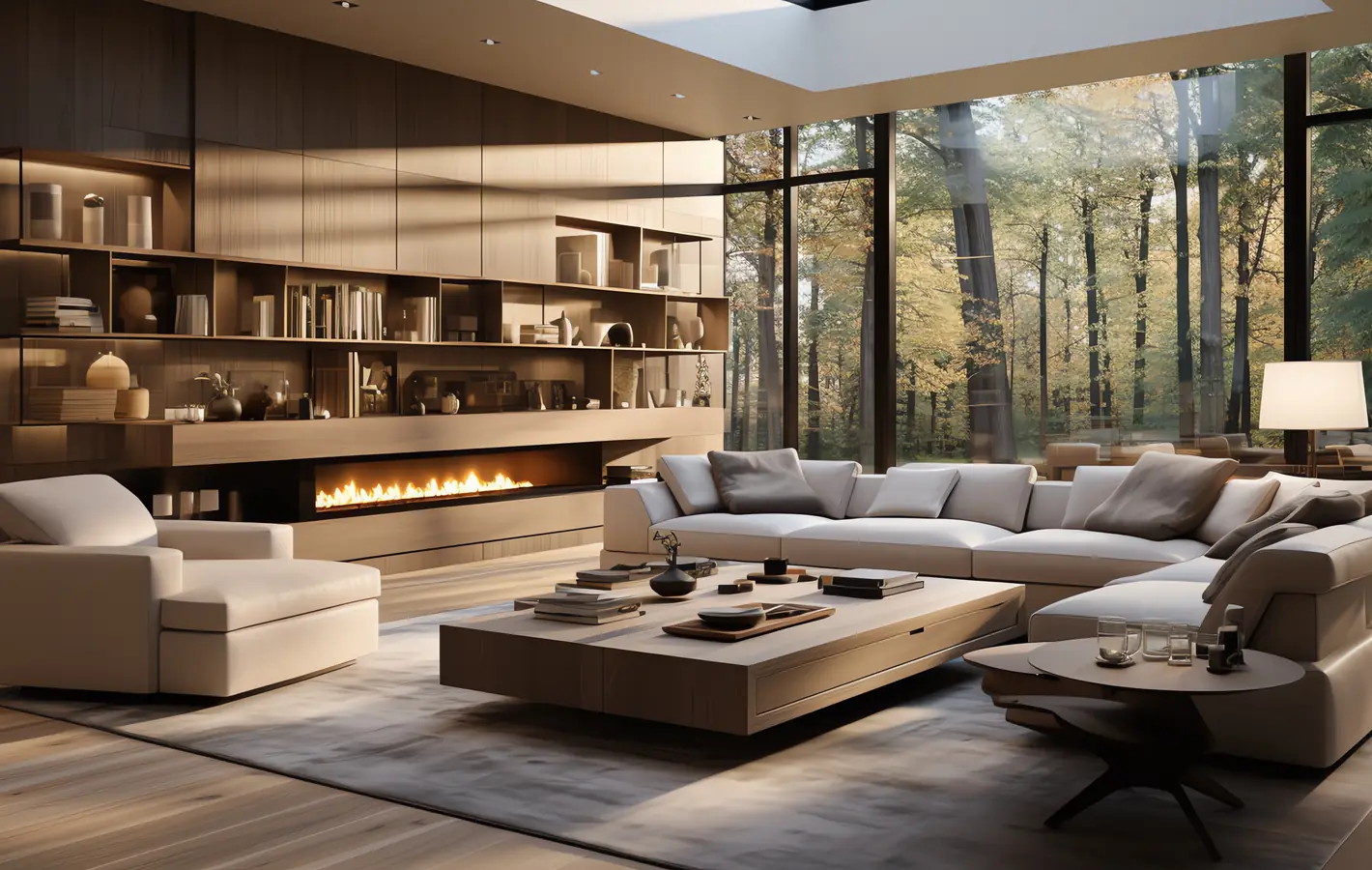Living room with panoramic windows — desktop and phone wallpaper, free download