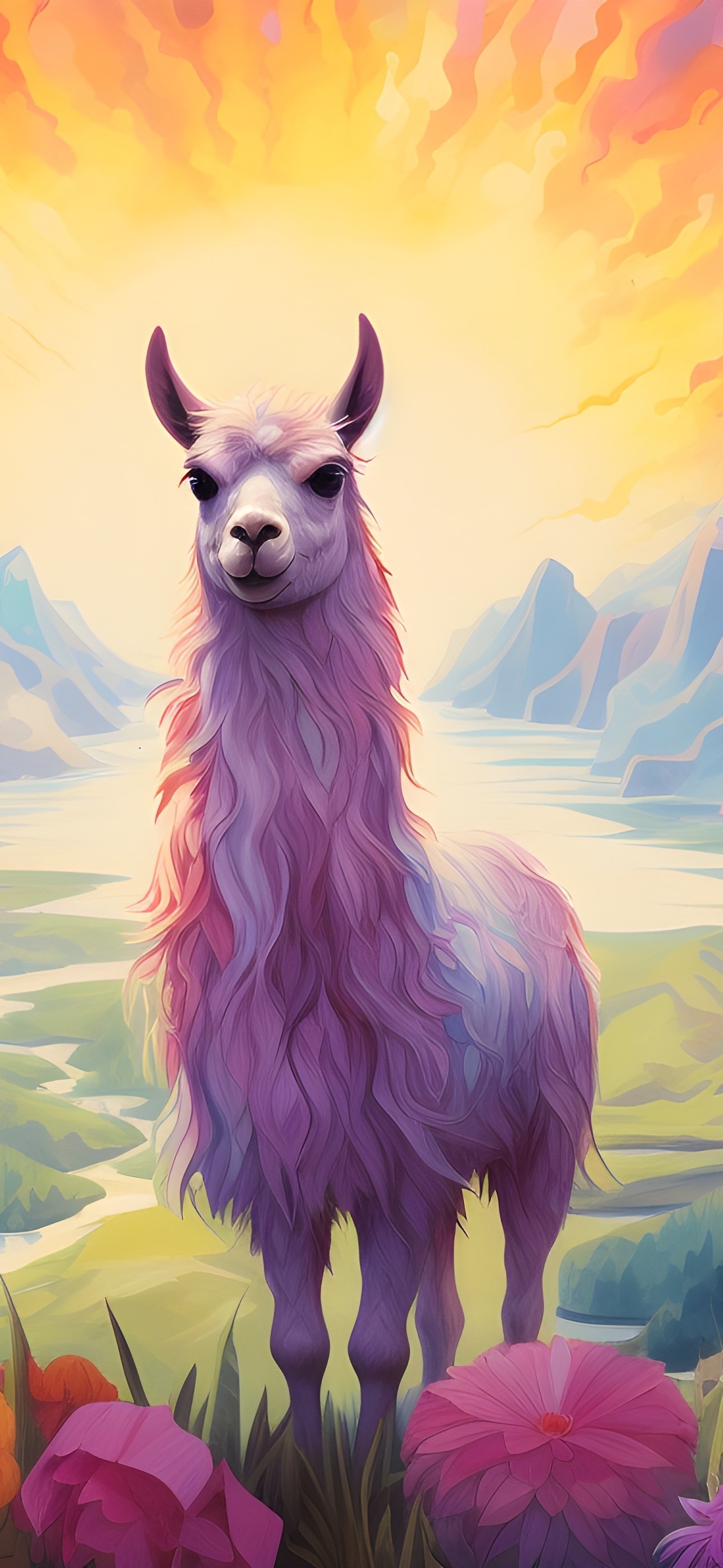 Cute Llama in a colorful valley - Wallpapers for iPhone 15 Pro Max/14 Pro Max in 1290x2796 resolution