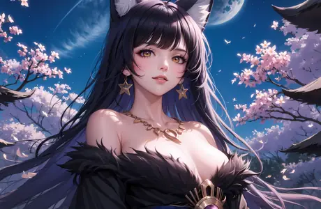 WSXGA+ wallpapers (1680x1050): anime girl, fox ears, cherry blossoms, moon